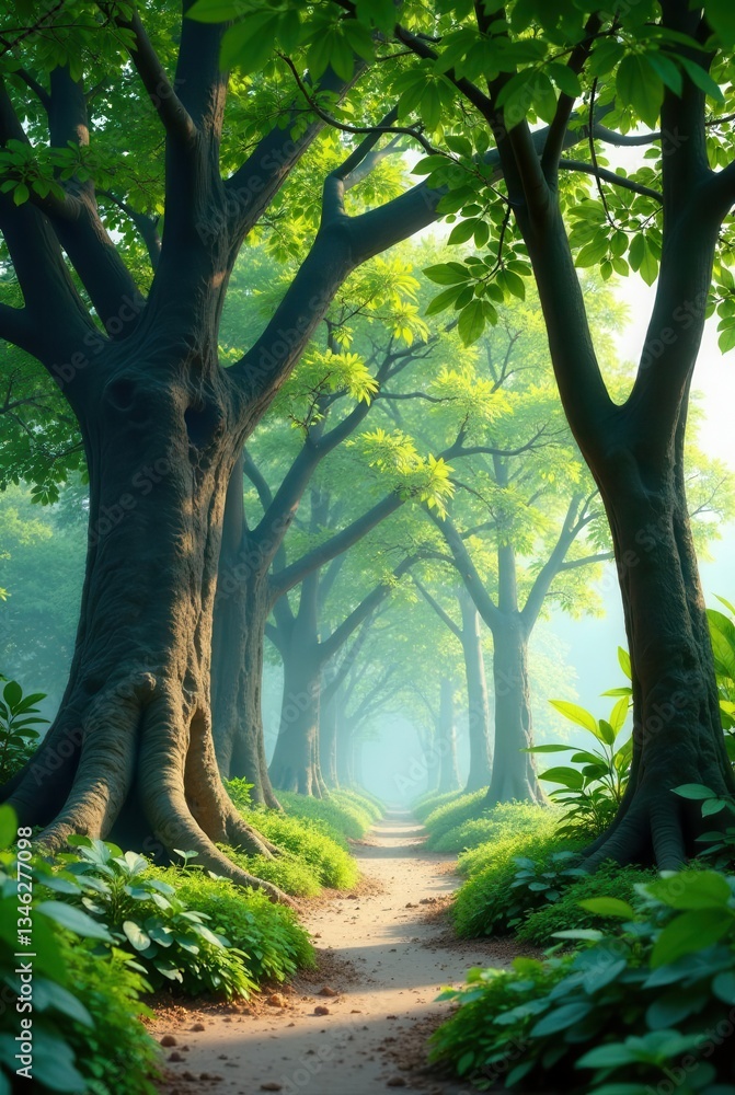 Naklejka premium Serene Pathway Through a Lush, Sun-Dappled Canopy of Ancient Trees