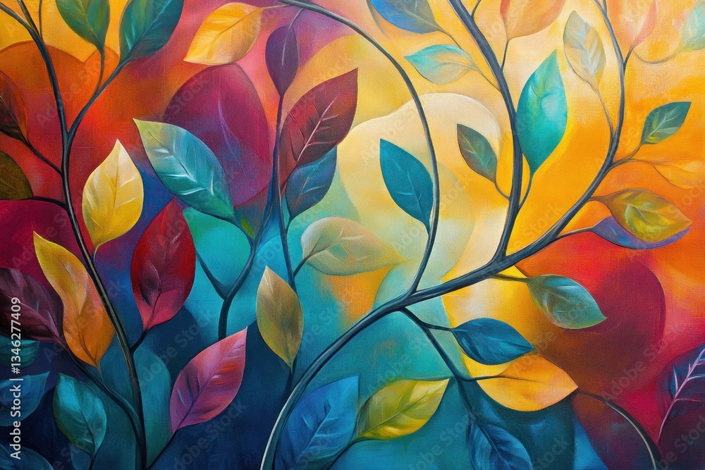 Vibrant abstract leaves in a colorful background, showcasing artistic expression through dynamic shapes and hues, perfect for creative projects or calming decor Vibrant abstract leaves in a colorful background, showcasing artistic expression through dynamic shapes and hues, perfect for creative projects or calming decor