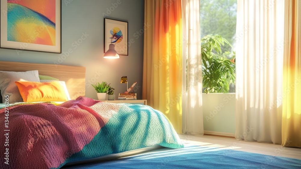 Sunny bedroom with colorful bedding and curtains. Sunny bedroom with colorful bedding and curtains.