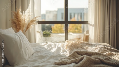 Sunny bedroom with unmade bed, pampas grass, and city view.