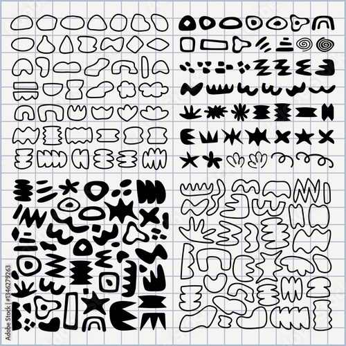 Abstract shapes in black and white, featuring diverse geometric forms. The abstract design includes various shapes, emphasizing abstract art and creativity. Black and white vector set.