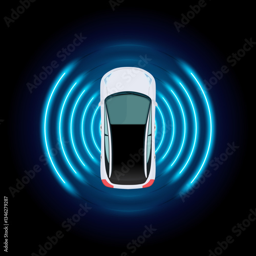 Autonomous Car: Top View of Self-Driving Vehicle with Radar Sensing System and Smart Park Assist - Vector Illustration