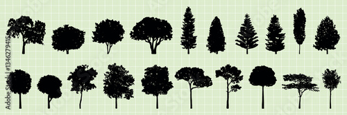 Silhouettes of various tree types on a grid background. Tree shapes include round, conical, and bushy forms. Tree silhouettes in a variety of styles. Silhouette forest elements, vector set.