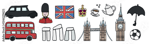Illustrations of British icons: red bus, Big Ben, Stonehenge, Union Jack, guard, tea set. British culture symbols like red bus, Big Ben, and tea set. London travel illustrations vector set.