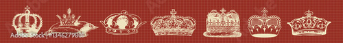 Vintage crown illustrations on a red background. Various crown designs, ornate and regal. Perfect for royal themes, vintage decor, or regal motifs. Vintage elements vector set.
