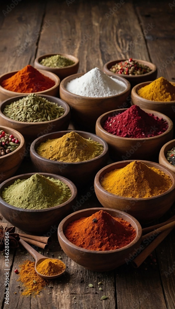 Collection of powdered spices in rustic wooden bowls showcasing rich colors and aromatic flavors Collection of powdered spices in rustic wooden bowls showcasing rich colors and aromatic flavors