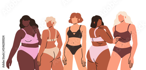 Women in lingerie. Diverse female group posing in underwear on different bodies. Girls in bra, panties, bikini, underclothes, plus-size and slim. Flat vector illustration isolated on white background