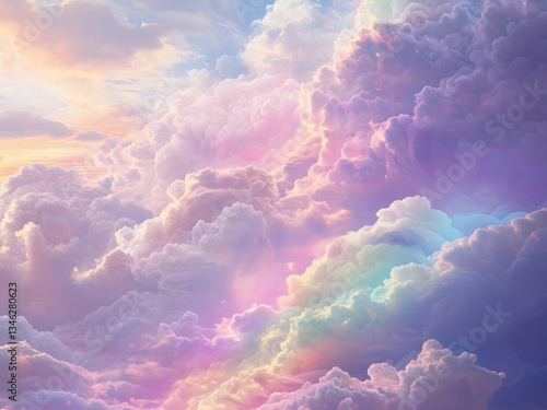 Fluffy white cumulus clouds drift in the bright blue summer sky