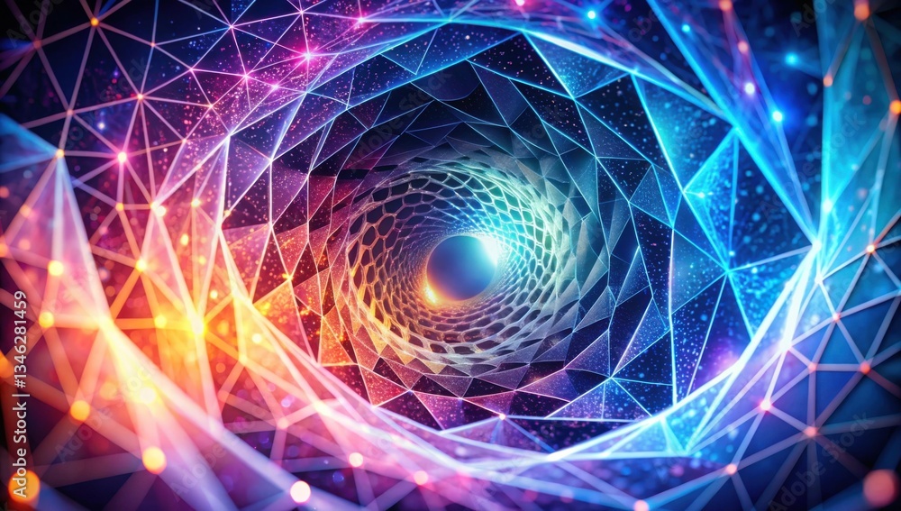Fototapeta premium A vibrant, swirling vortex of colorful geometric patterns and lights, creating a mesmerizing, digital art effect.