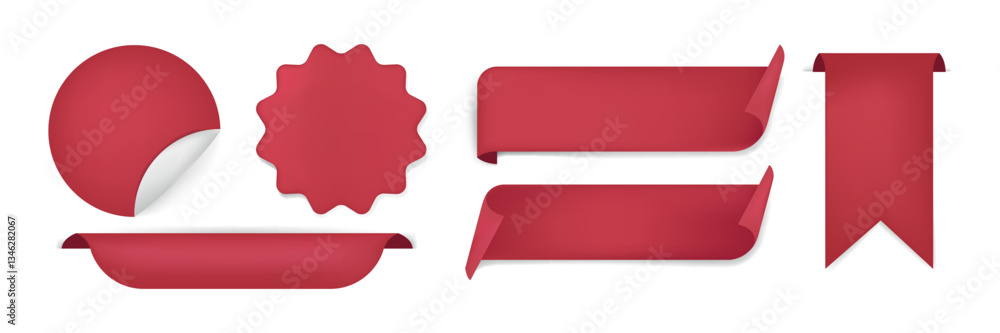 Set of red paper banners and labels. Includes various shapes like circles, stars, and ribbons. Red paper banners and labels for design use. Red sale label set with copy space. Vectors. Set of red paper banners and labels. Includes various shapes like circles, stars, and ribbons. Red paper banners and labels for design use. Red sale label set with copy space. Vectors.