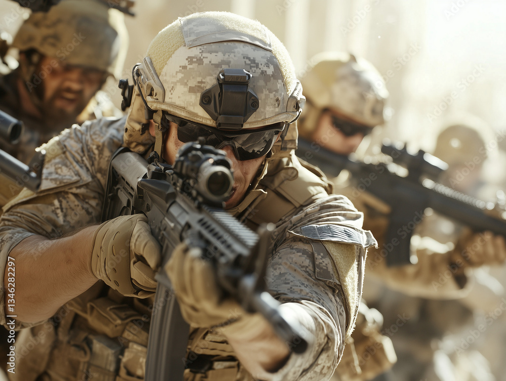 Fototapeta premium Squad of soldiers aiming with rifles during military operation