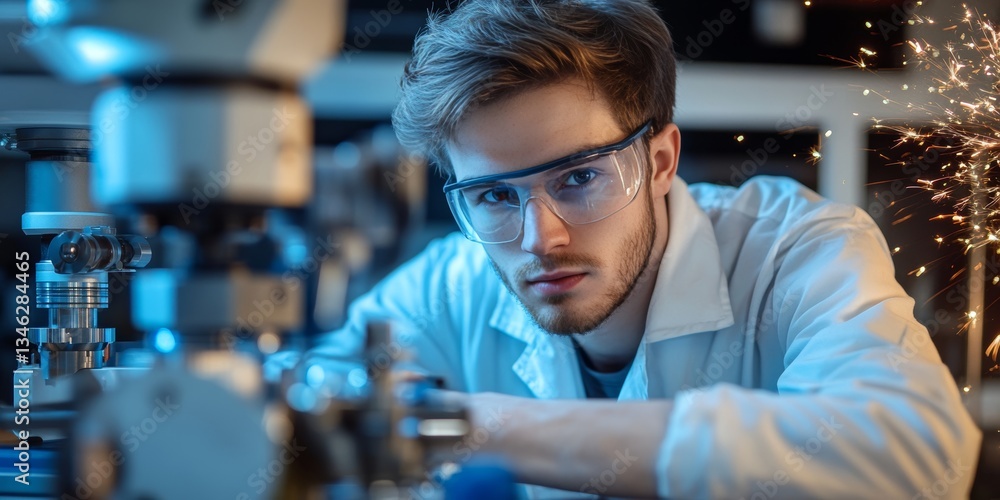 Concentrated Engineer in Safety Glasses Works with Precision Machinery, Sparks Flying in Background Concentrated Engineer in Safety Glasses Works with Precision Machinery, Sparks Flying in Background