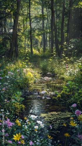 Serene forest with a stream and wildflowers, 4K hyperrealistic photo