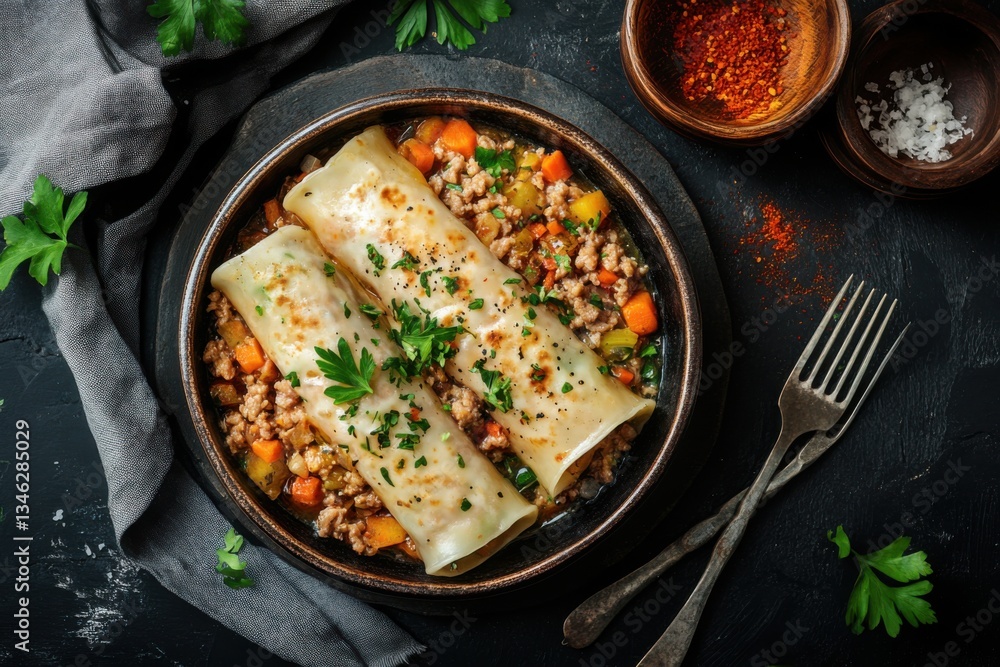 Serving Savory Crepes Filled with Meat Sauce and Vegetables on Plate Serving Savory Crepes Filled with Meat Sauce and Vegetables on Plate