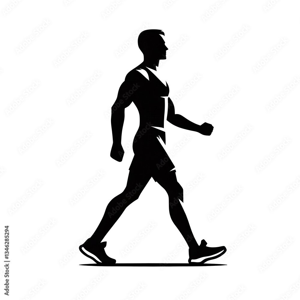 Black and white isolated vector illustration of a young man walking for exercise on a white background. Black and white isolated vector illustration of a young man walking for exercise on a white background.