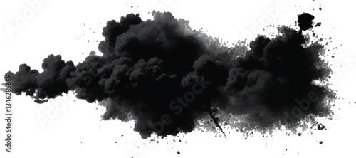 Chaotic and Swirling Black Smoke Burst Captured in Motion, Creating an Intense and 
Dramatic High-Contrast Visual Effect Against a White Background
