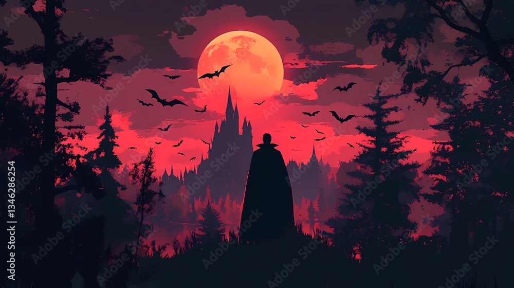 Fototapeta premium Bohemian flat illustration of World Dracula Day, showcasing a mysterious scene of Dracula standing in front of a gothic castle, surrounded by bats, full moons, and dark forests, with a harmonious and 
