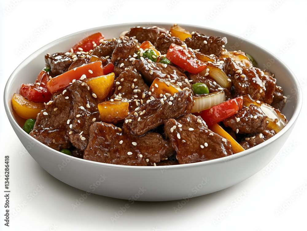 Sesame beef stir fry with colorful peppers and onions in a bowl Sesame beef stir fry with colorful peppers and onions in a bowl