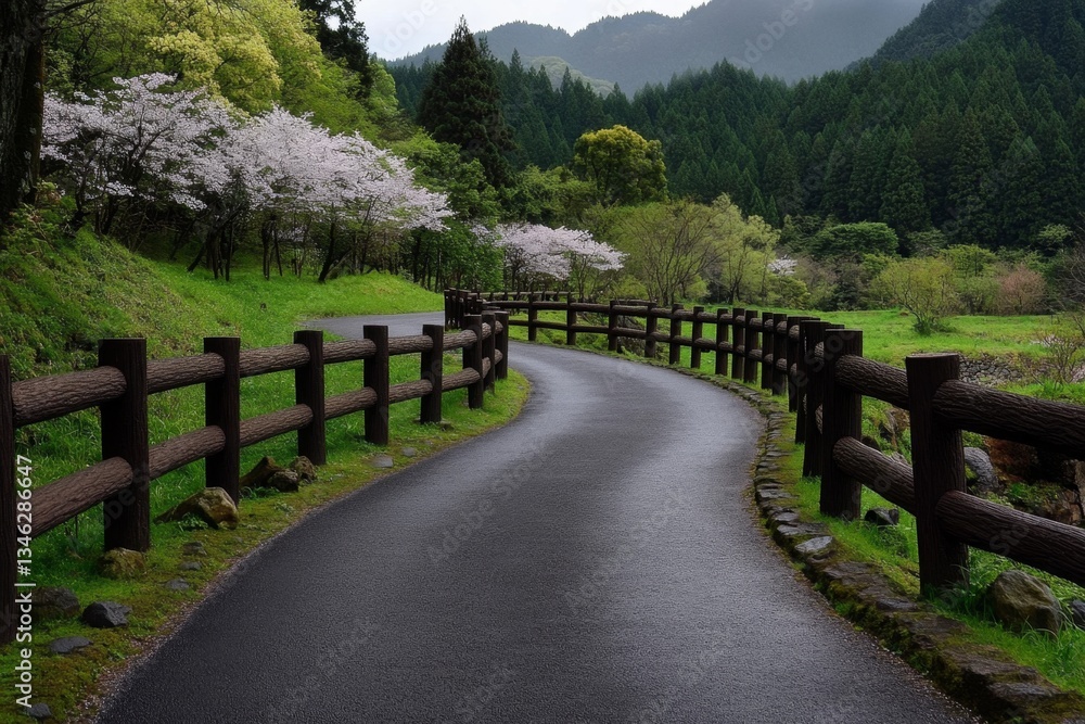 Fototapeta premium A narrow countryside road with a wooden fence on one side and a row of cherry blossom trees in full bloom