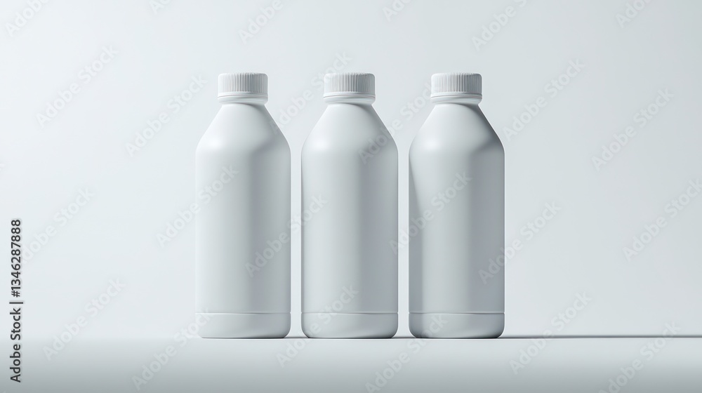Three blank white plastic bottles on white background. Three blank white plastic bottles on white background.