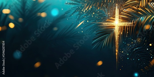 Christian palm sunday background, abstract light lines, shining cross and palm branches, life after death concept