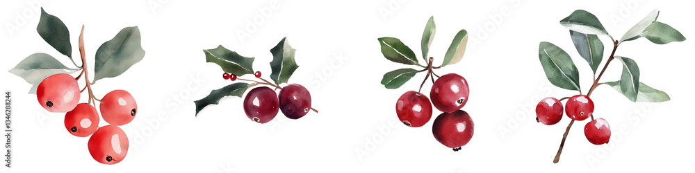 Green leaves and red berries of holly are the subject of a watercolor illustration Green leaves and red berries of holly are the subject of a watercolor illustration