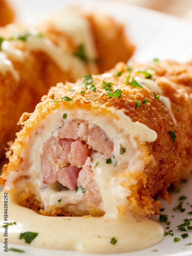 Delicious breaded chicken cordon bleu with melted cheese and ham Delicious breaded chicken cordon bleu with melted cheese and ham