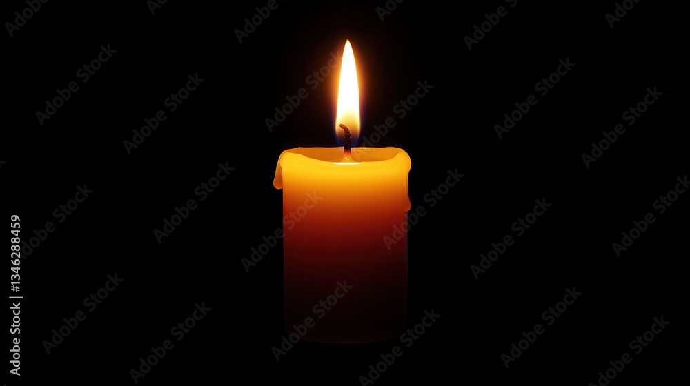 Single Burning Candle with Bright Flame on Black Background Creating a Warm and Calming Atmosphere Single Burning Candle with Bright Flame on Black Background Creating a Warm and Calming Atmosphere