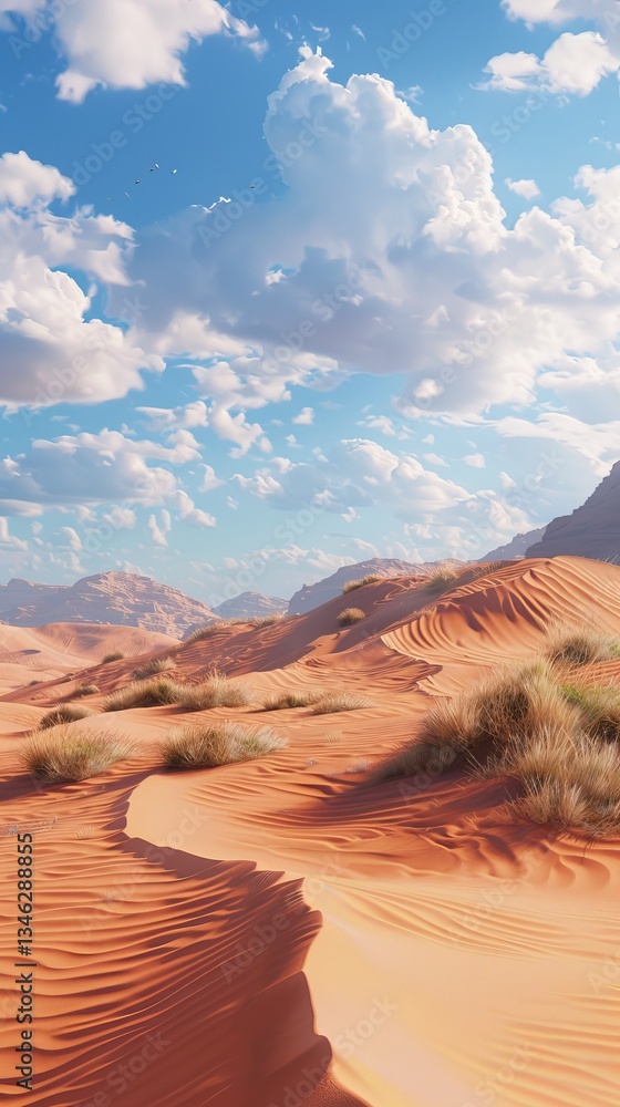 Naklejka premium Desert landscape with towering sand dunes, 4K hyperrealistic photo