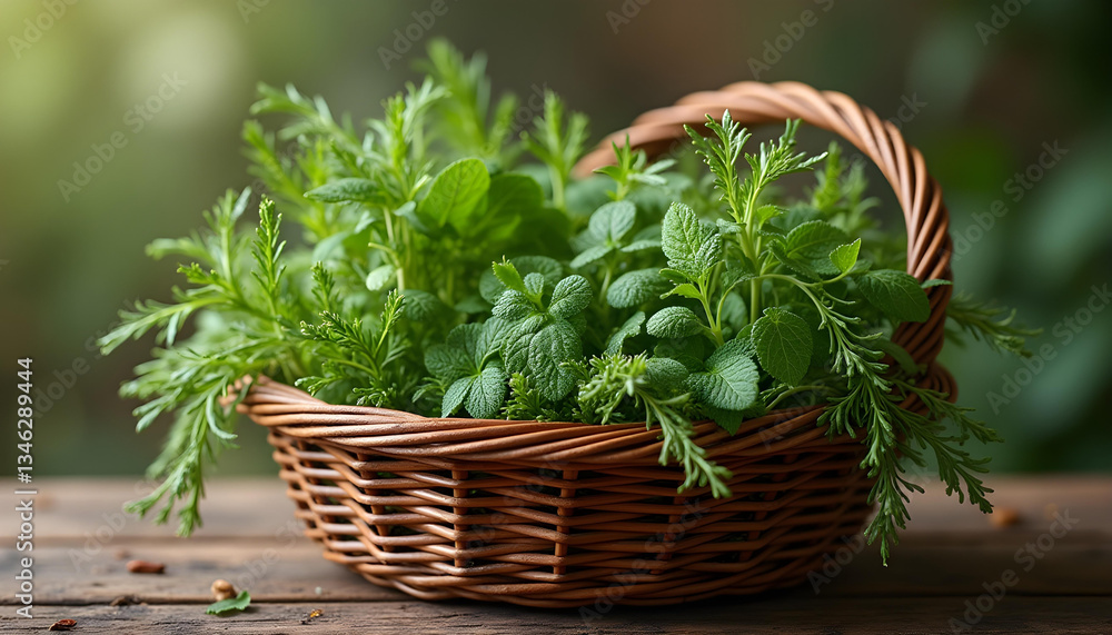 Wild Herbs in Basket – Fresh Mint, Thyme, and Tea Herbs Collected for Natural Tea Wild Herbs in Basket – Fresh Mint, Thyme, and Tea Herbs Collected for Natural Tea