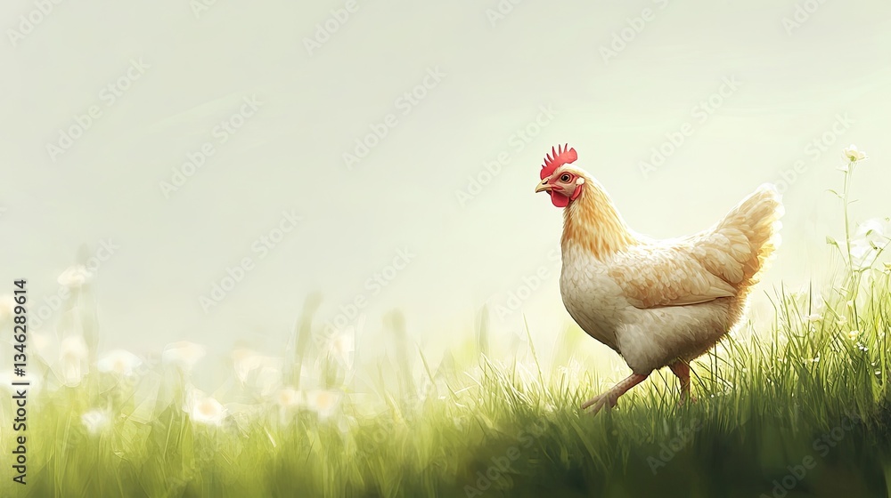 Fototapeta premium Chicken Walking Through Green Grass in Soft Morning Light