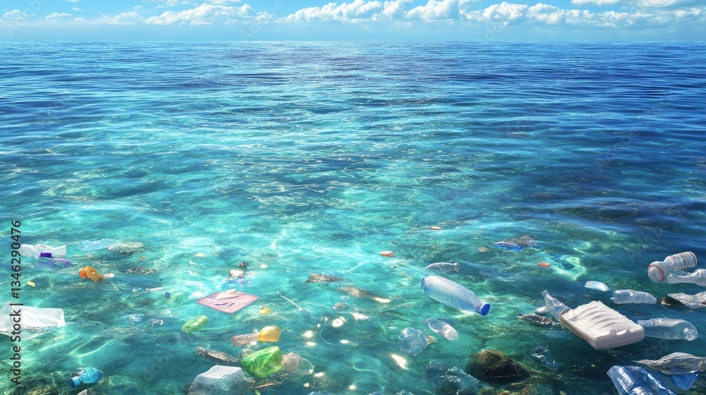 Obraz premium Pollution in Ocean With Various Debris and Trash on Water Surface