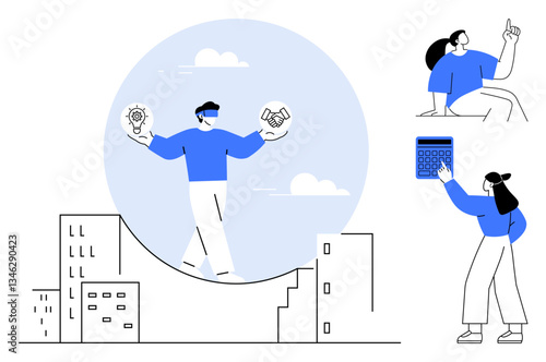 Person balancing above city holding lightbulb and handshake icons, surrounded by two collaborators. Ideal for teamwork, innovation, urban planning, leadership, collaboration, creativity, balance