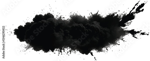 Chaotic and Swirling Black Smoke Burst Captured in Motion, Creating an Intense and 
Dramatic High-Contrast Visual Effect Against a White Background
