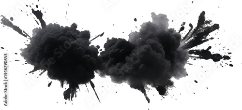 Chaotic and Swirling Black Smoke Burst Captured in Motion, Creating an Intense and 
Dramatic High-Contrast Visual Effect Against a White Background
