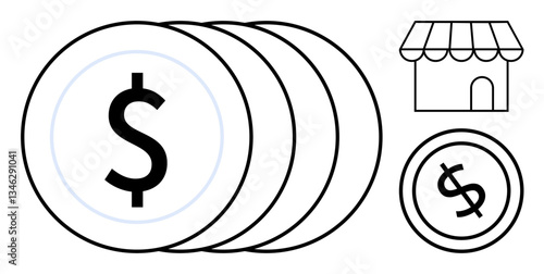 Stack of dollar coins alongside a shopfront and single coin. Ideal for finance, business, commerce, investments, savings, economic growth, and entrepreneurship. Flat simple metaphor