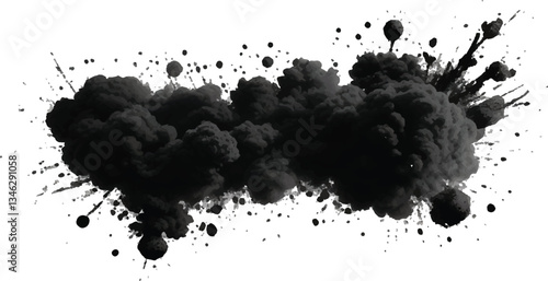 
Dynamic Black Smoke Cloud Erupting into the Air with Fine Dust Particles Dispersing in an 
Artistic and High-Definition Abstract Composition on White
