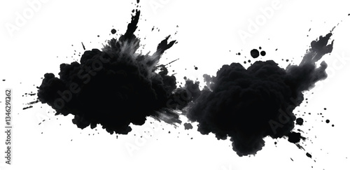 
Dynamic Black Smoke Cloud Erupting into the Air with Fine Dust Particles Dispersing in an 
Artistic and High-Definition Abstract Composition on White
