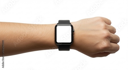 Smartwatch on wrist, blank screen.