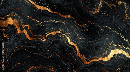 Swirls of golden and black textures create an abstract marble-like pattern