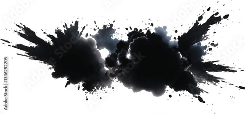 Abstract Black Smoke and Dust Explosion Spreading Dramatically Against a Stark White 
Background in a High-Contrast Surreal Concept Illustration
