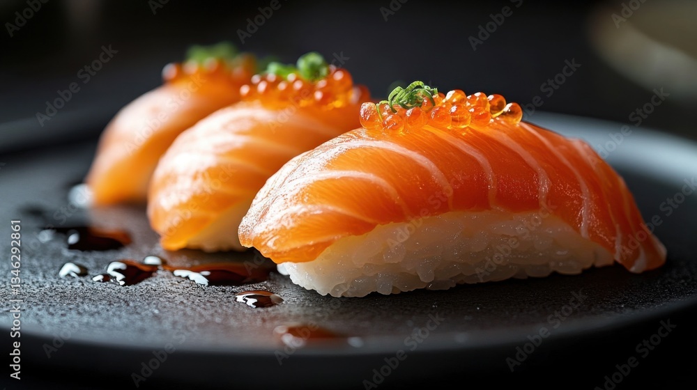 Three salmon sushi pieces topped with fish roe on a black plate. Food close up view with dark sauce and blurred background. Three salmon sushi pieces topped with fish roe on a black plate. Food close up view with dark sauce and blurred background.