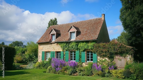 Charming French cottage with garden under a blue sky. Ideal for travel or home decor use