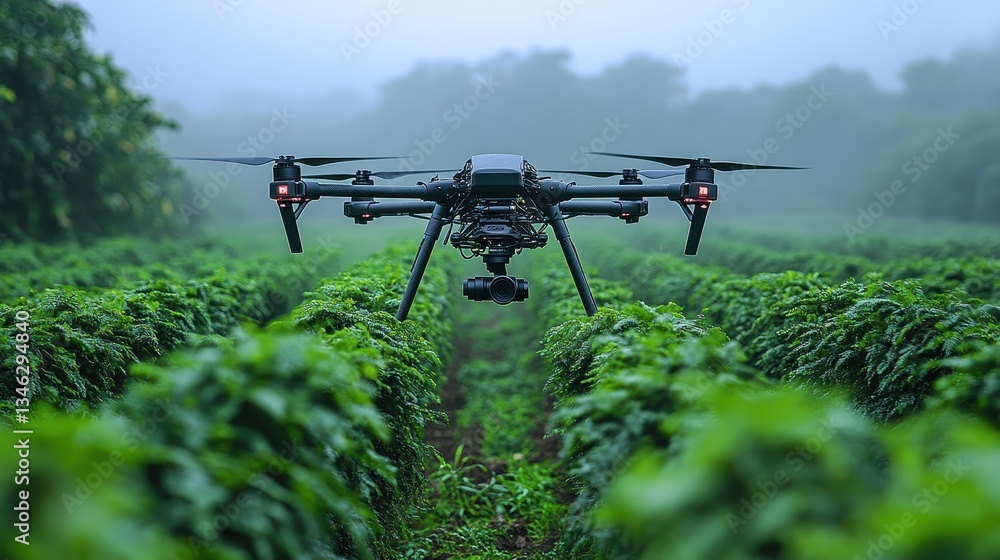 A drone surveying green crops in a field with foggy atmospheric conditions A drone surveying green crops in a field with foggy atmospheric conditions