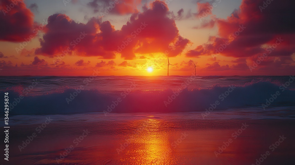 Fototapeta premium The beautiful sunset over the ocean with wind turbine silhouettes