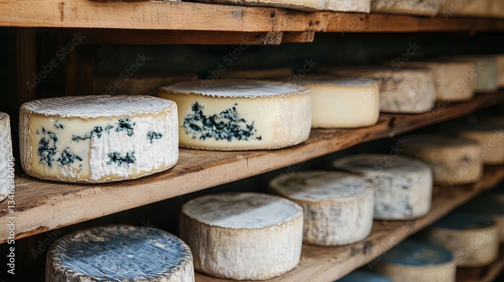 Blue cheese ripens on wooden shelves in a cheese cellar, highlighting detailed textures Blue cheese ripens on wooden shelves in a cheese cellar, highlighting detailed textures
