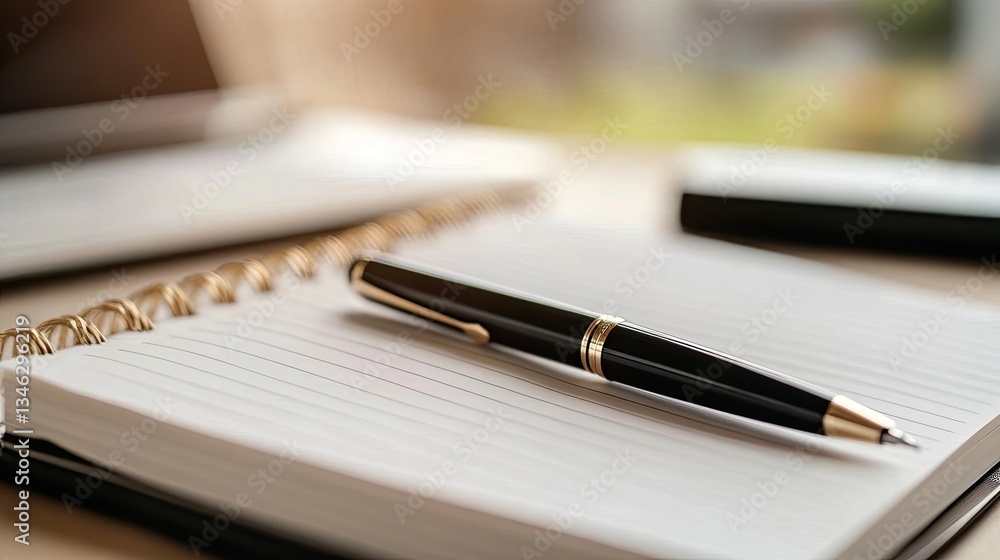 Elegant Black Pen on Open Notebook with Blank Pages and Green Background Elegant Black Pen on Open Notebook with Blank Pages and Green Background