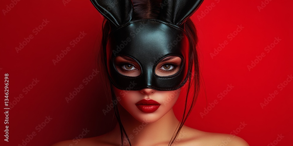 Mysterious woman wearing bunny mask and red lipstick posing on red background Mysterious woman wearing bunny mask and red lipstick posing on red background