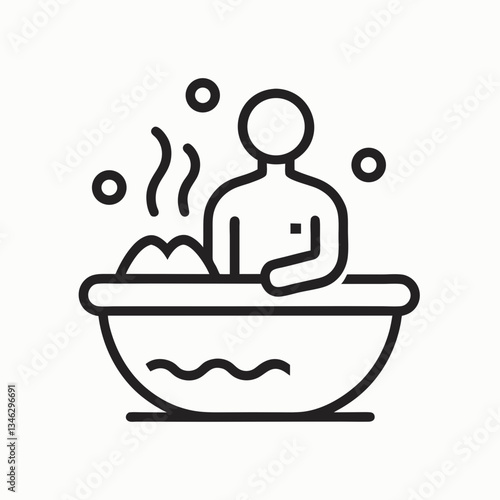 Minimalist Line Art Icon of a Person Relaxing in a Bathtub with Steam.