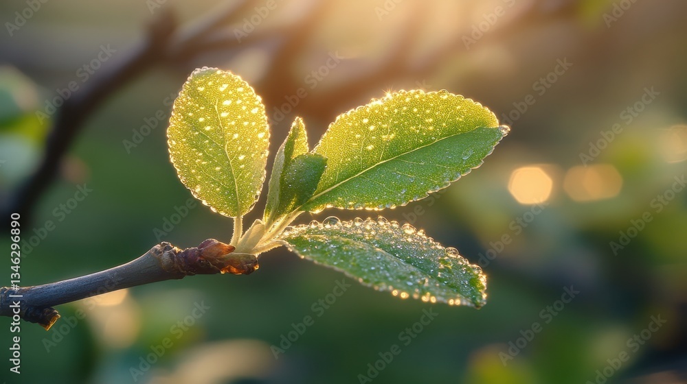 Dewy Green Leaves Illuminated By Warm Sunlight On A Branch Dewy Green Leaves Illuminated By Warm Sunlight On A Branch